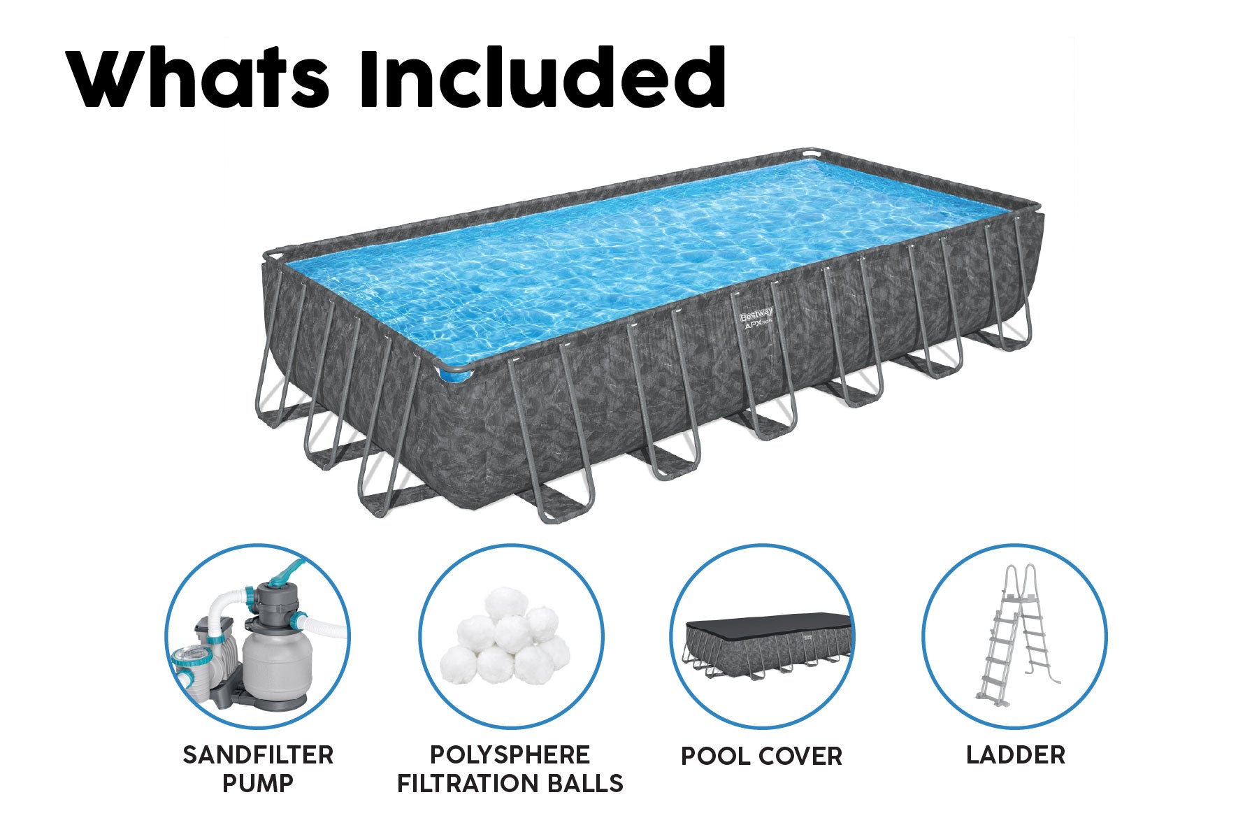 Rectangular above-ground pool with accessories