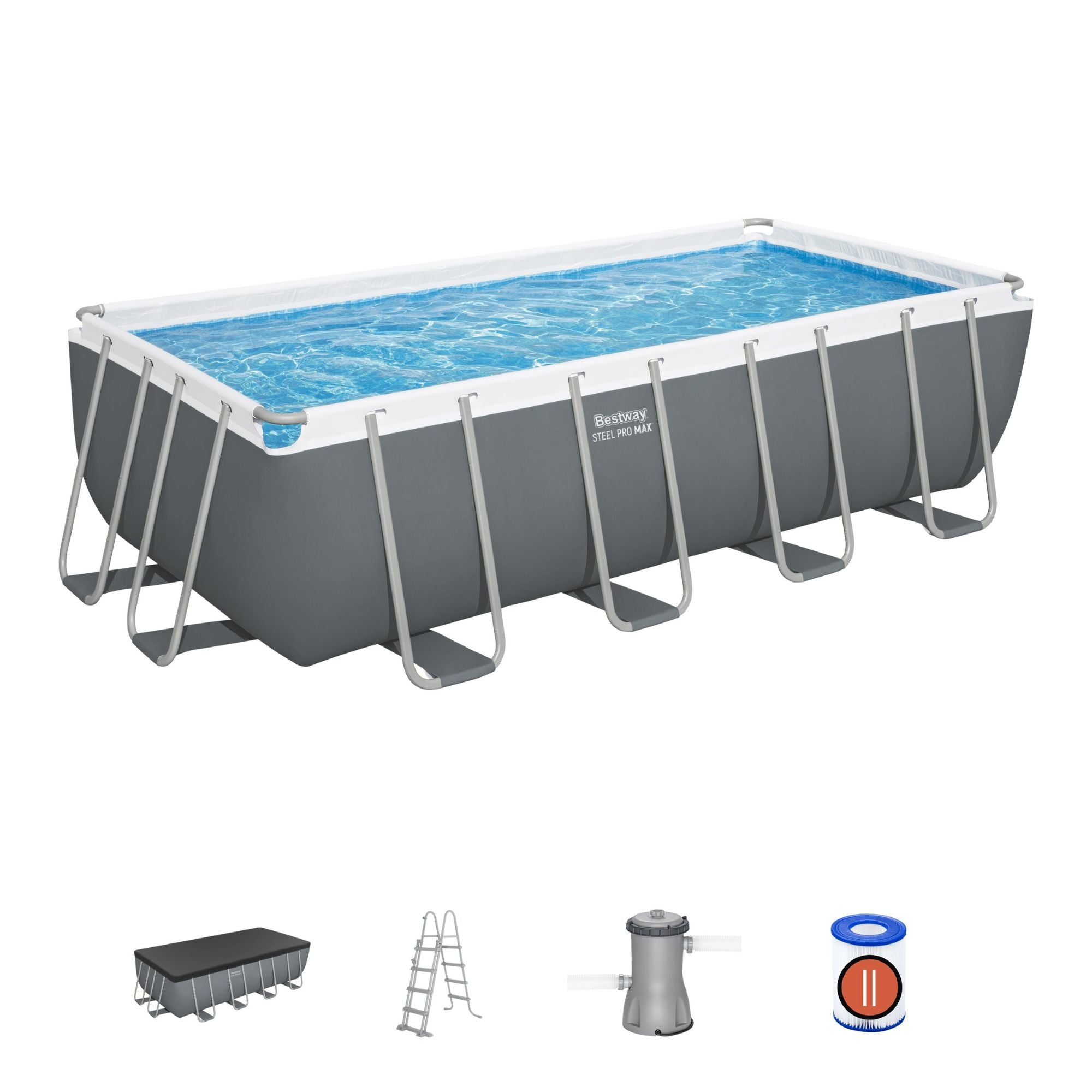 16ft x 8ft x 48in ark Grey Rectangular Steel Pro Max Above Ground Pool Set