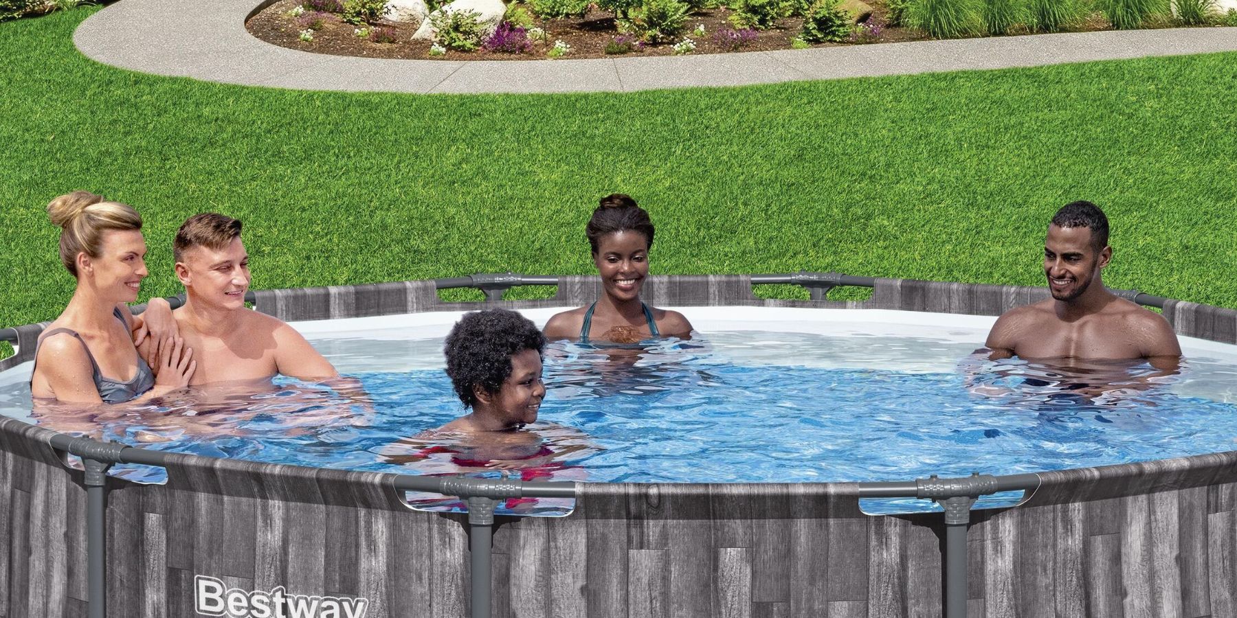 wooden print steel frame pool