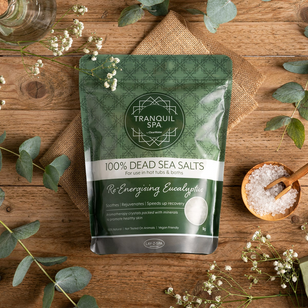 Tranquil Spa eucalyptus dead sea salt on a wooden table