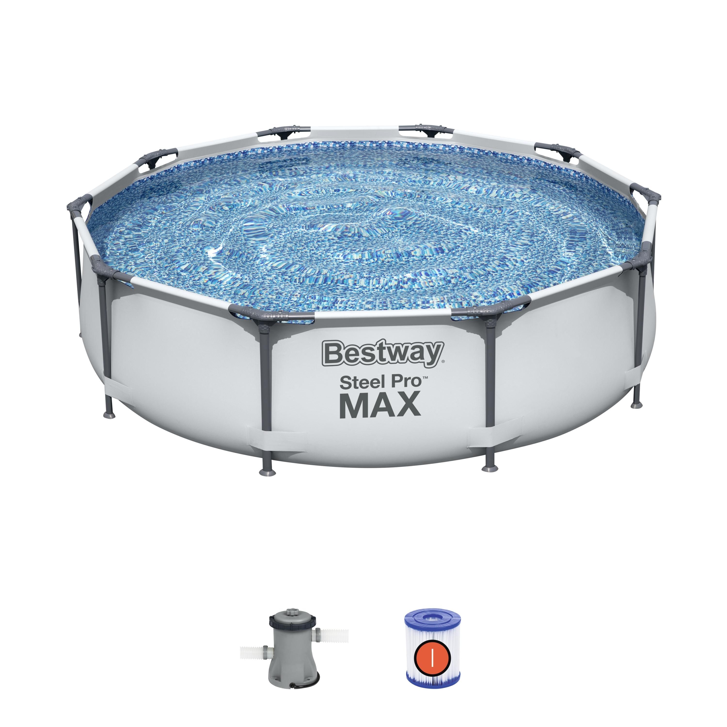 10 ft, Bestway Bestway MAX Steel Pro Round Frame Swimming Pool with Filter Pump Grey 